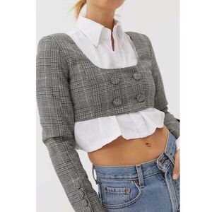 For Love & Lemons Frankie Plaid Crop Top Grey Wool Blend Large M Medium